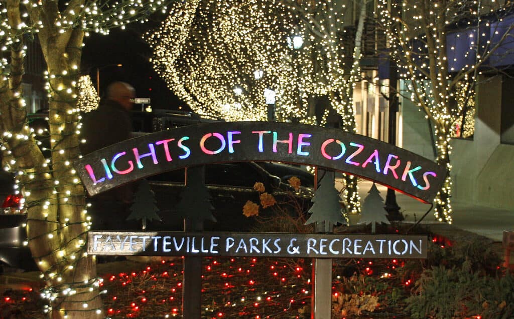 Lights of the Ozark sign and trees with clear Christmas lights in Arkansas