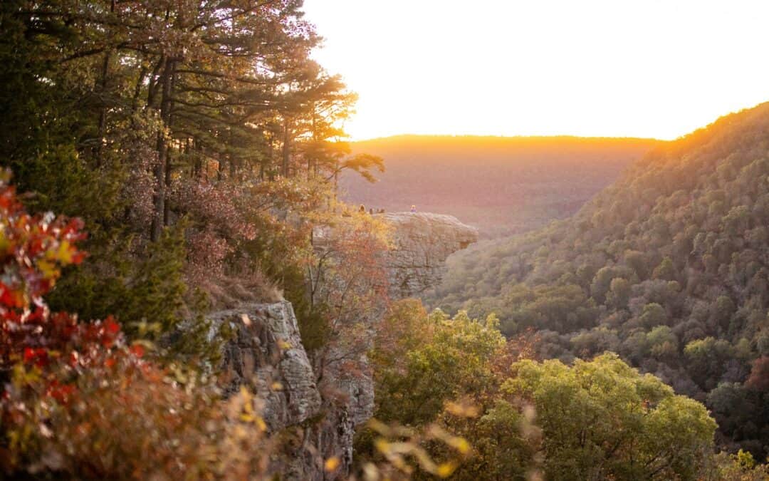 the sun is setting over the mountains and trees at Whitaker Point, one of the best cheap spring break getaways for families in Arkansas