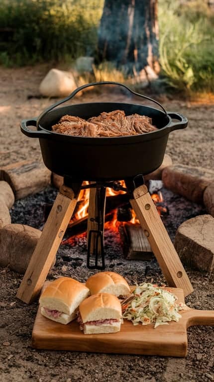 Pulled pork in a cast iron Dutch oven with buns and coleslaw by a campfire.